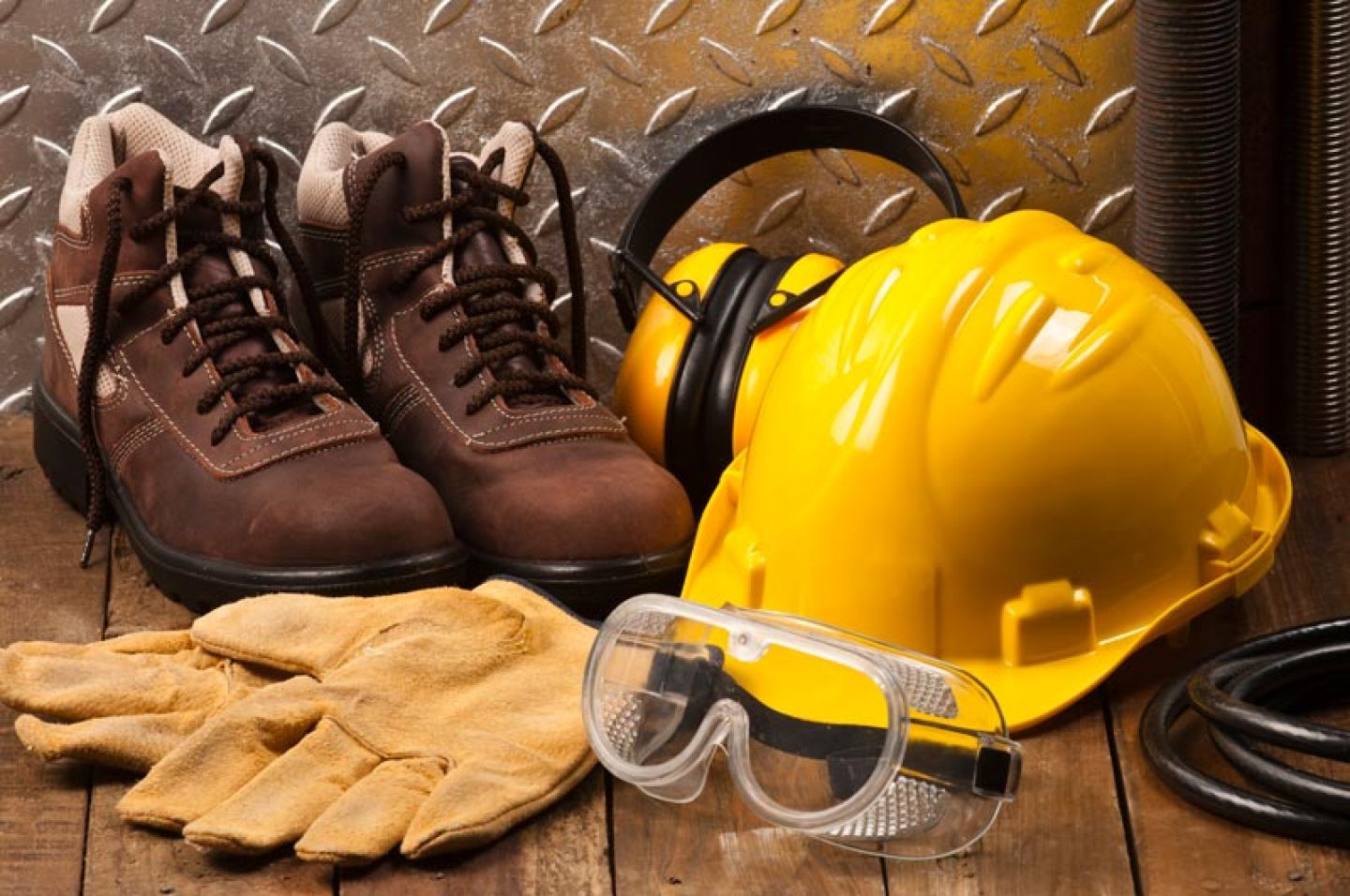 Werkschoenen, veiligheidshelm, gehoorkap, werkhandschoenen en veiligheidsbril