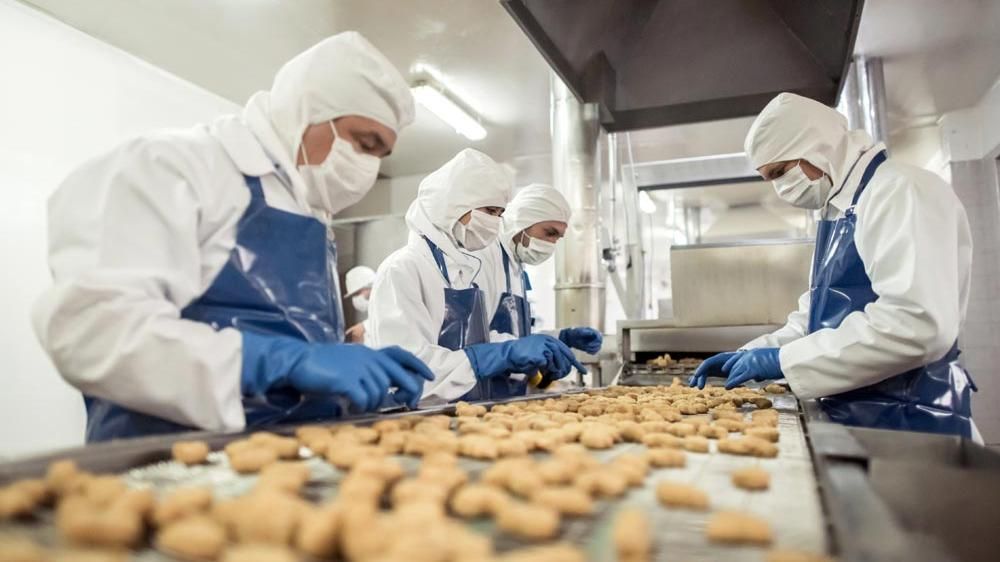 Werknemers dragen pbm in voedselfabriek